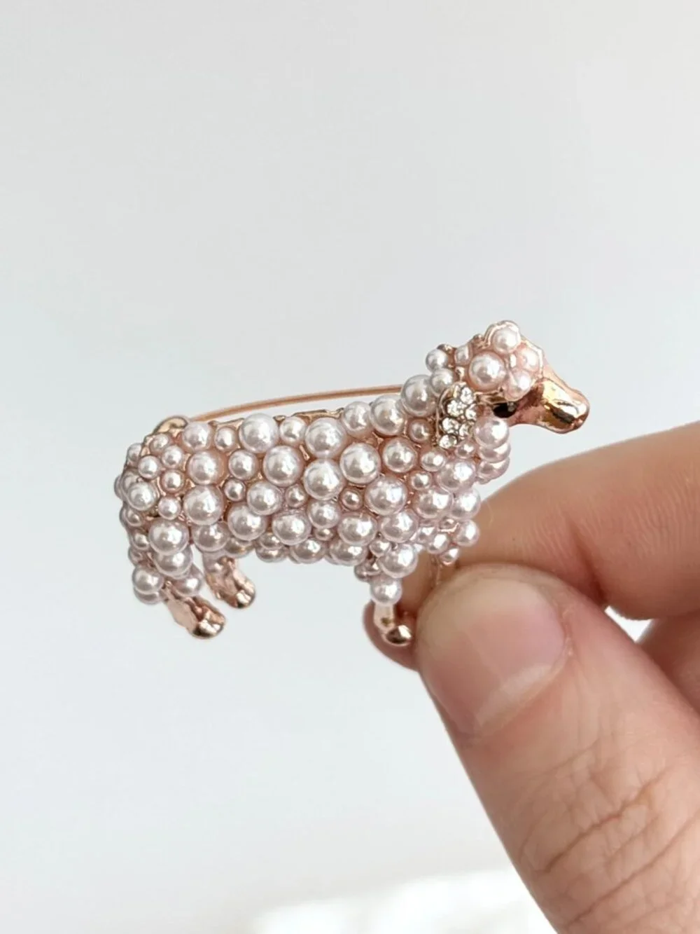 Sheep Figural Faux Pearl Accented Gold Toned Vintage Inspired Brooch Pin